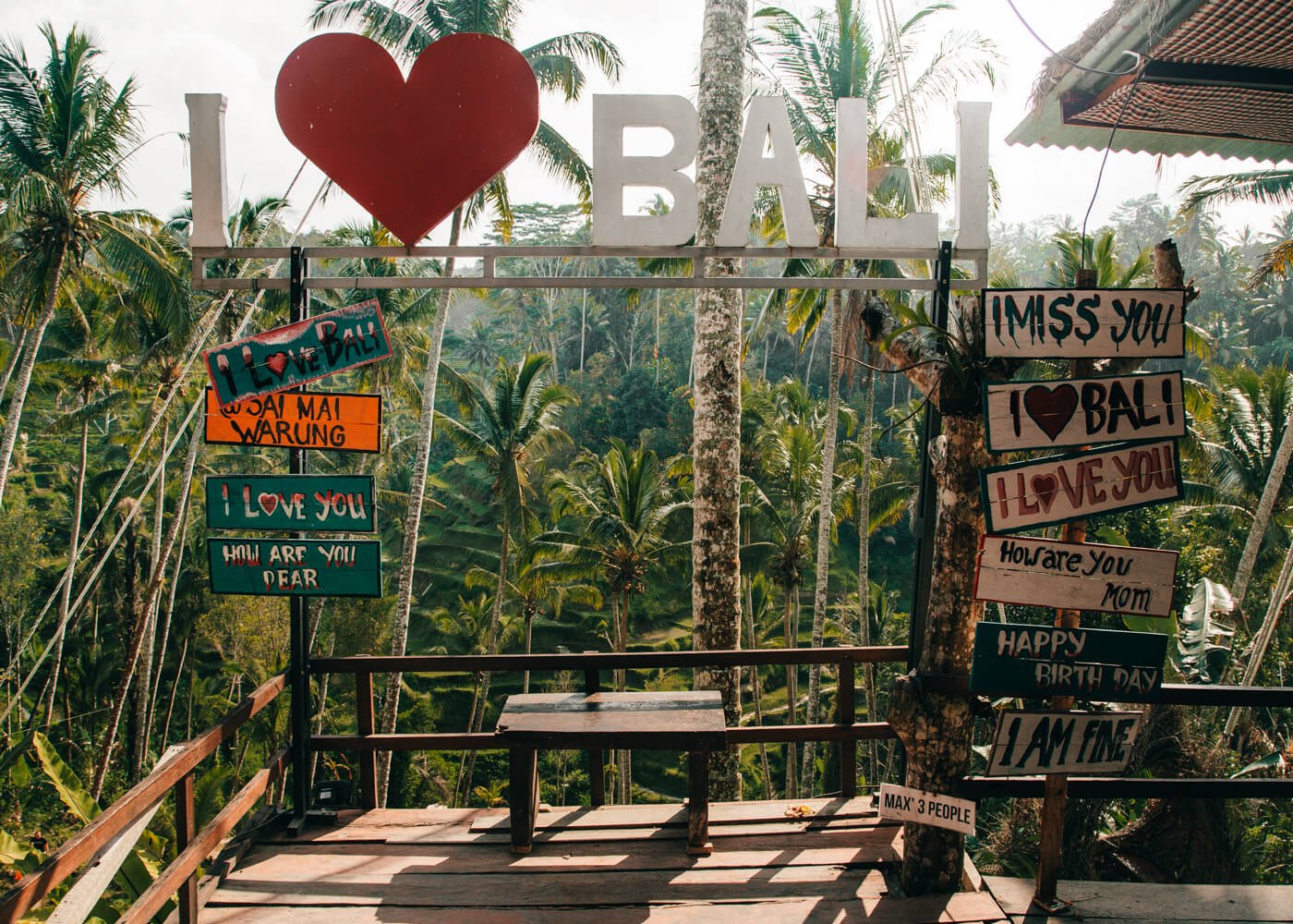 Letreiro "I Love Bali", nos terraços de arroz de Tegallalang